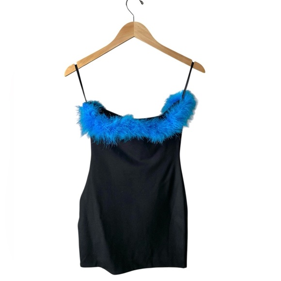 Tiger Mist Women's Black Strapless Mini Dress with Blue Feather Trim Size Small - Picture 3 of 7